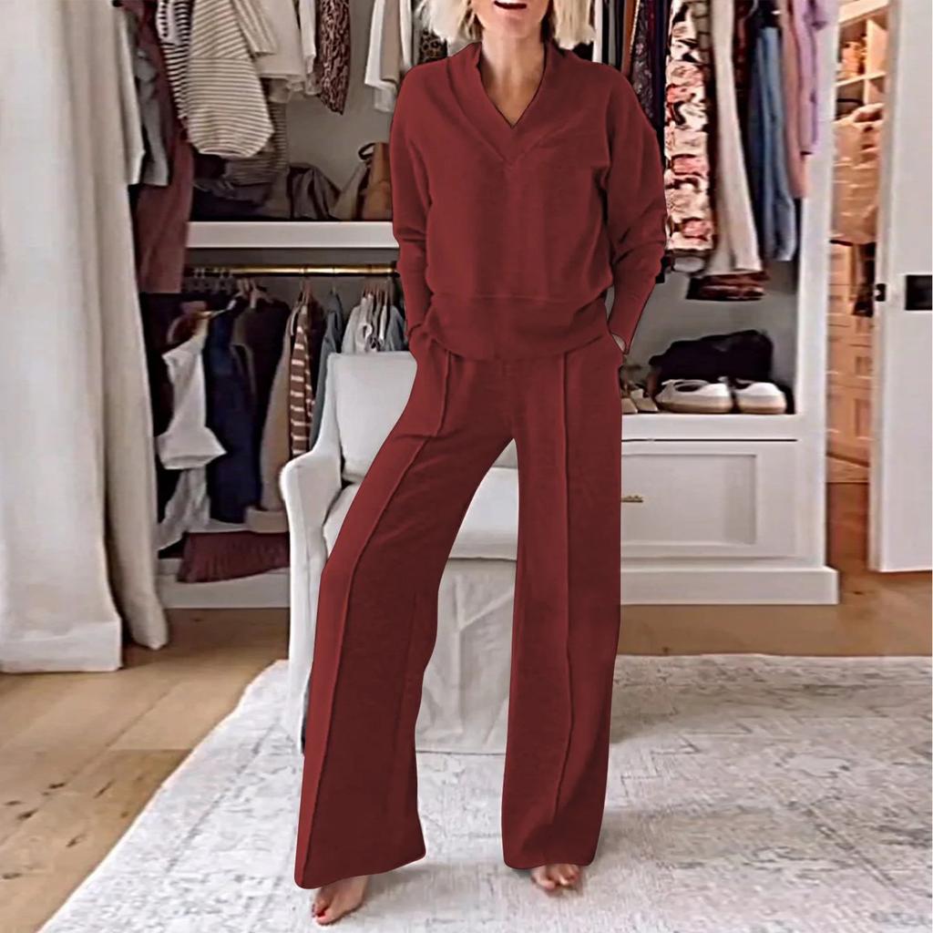 Женский повседневный комплект из двух предметов с V-образным вырезом и длинными рукавами, свободный топ и широкие брюки