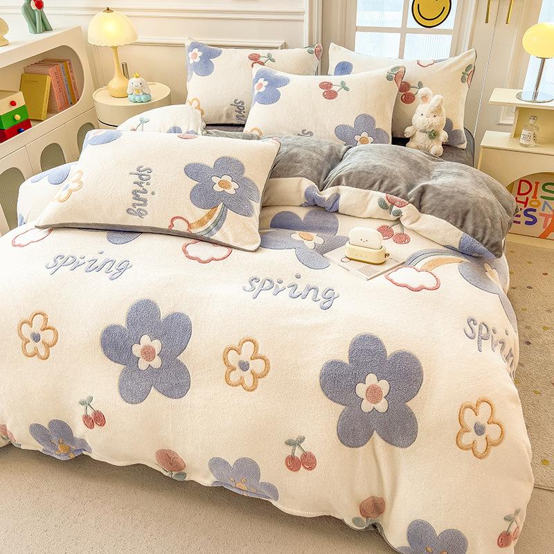 Зимний комплект постельного белья из молочного флиса, четырехпредметный, двусторонний флис, утолщенные простыни, пододеяльник, наволочка