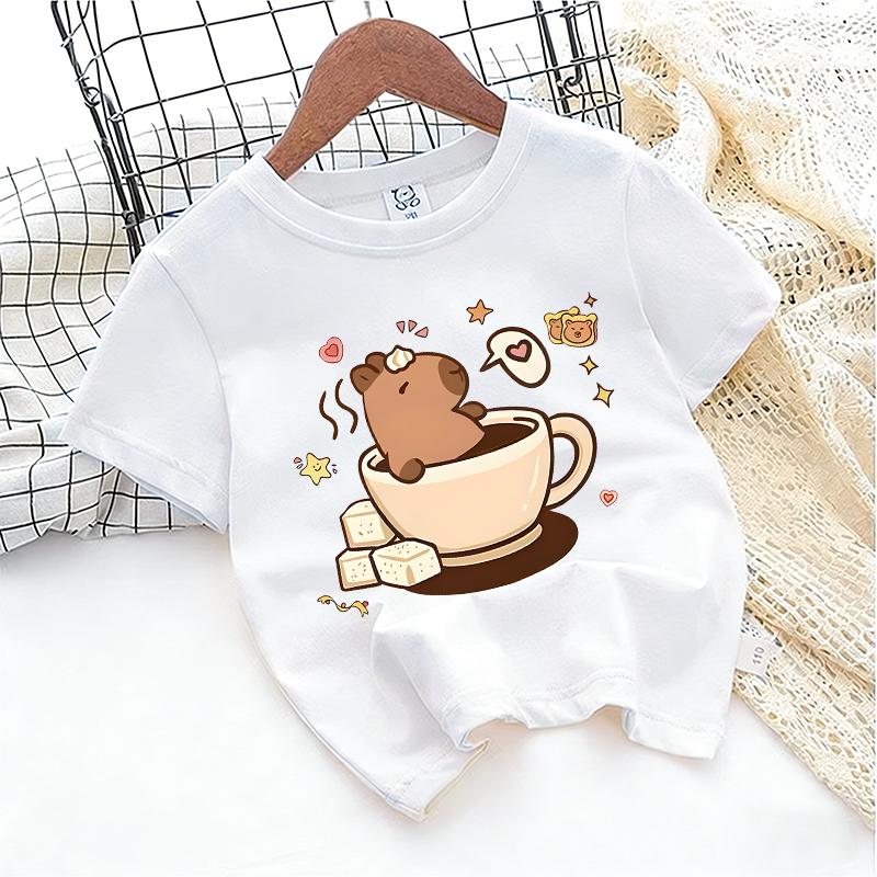 Kids Girl Cute Polyester T-shirt Summer Clothing Cartoon Capybara Printed Tee Children Short Sleeve Tops T Shirt Clothes Gift 2026