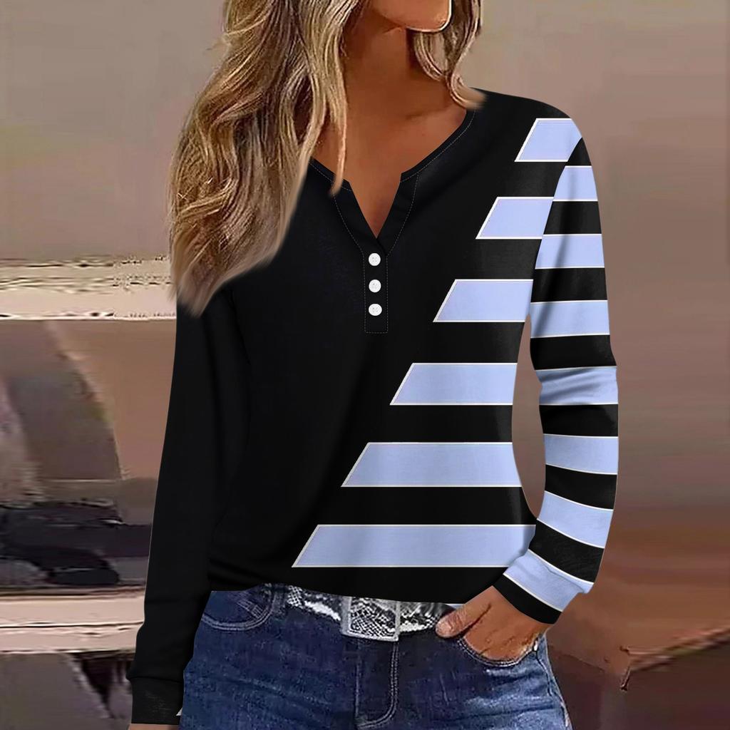 Жен. Футболка Футболка на пуговицах с длинным рукавом Повседневные Выходные Мода Классический Топ с v-образным вырезом Обычный