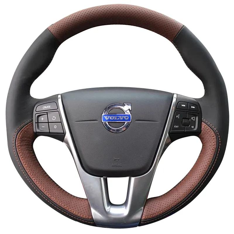 Для Volvo XC60 S60 V40 V60 S40 2011-2017 Ручная прошивка Нескользящая Черно-коричневая Кожаная Накладка на Руль Автомобиля