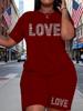 Women's Oversized Casual T-Shirt and Shorts Set, with Round-Neck Short-Sleeved Knitted Fabric and Lettered Heart Print, Suitable
