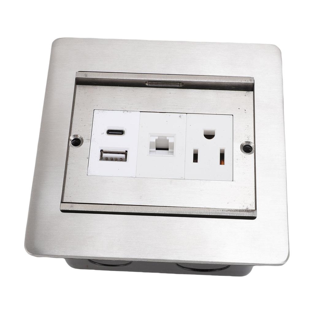 Встраиваемая напольная розетка 3-контактная USB A USB C Порт LAN Серебристая с раздвижной крышкой Встраиваемая силовая розетка для полов столешниц