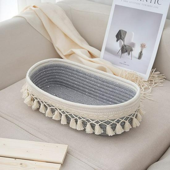 Бежевая корзина с кисточками из хлопковой веревки, органайзер для гостиной в стиле фермерского дома