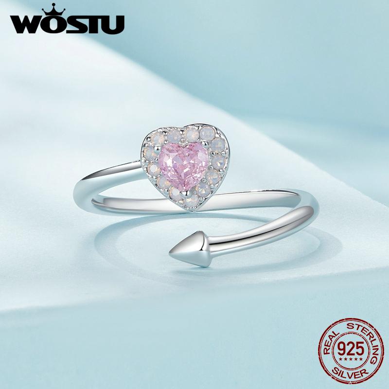 WOSTU Женские кольца из стерлингового серебра 925 пробы с розовым фианитом и сердцем Купидона, штабелируемые кольца, обручальные украшения для вечеринок, прекрасный подарок для нее