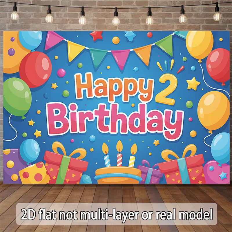 2D Cartoon Blue 2nd Birthday Backdrop Balloon & Confetti Background for Kids Birthday Party Photo Booth