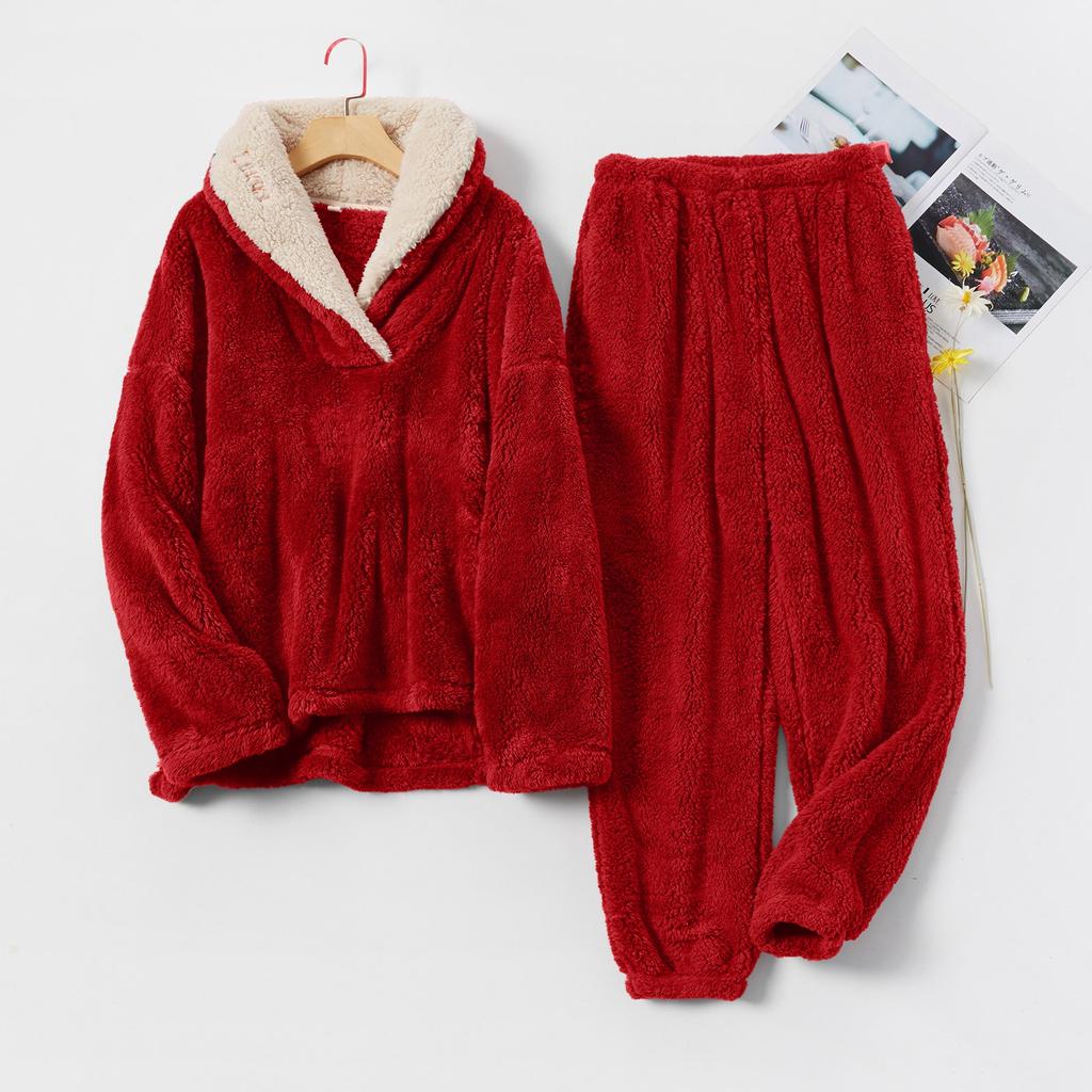 Ladies' Casual And Comfortable Round Neck Warm And Plush Home Clothes Cardigan Sleepwear And Pants Set