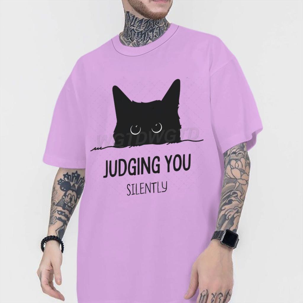 Judging You Silently Print T Shirt Men Women Sarcastic Humor Streetwear Short Sleeve Harajuku Cat Tee Male 100 Cotton Fun Shirt