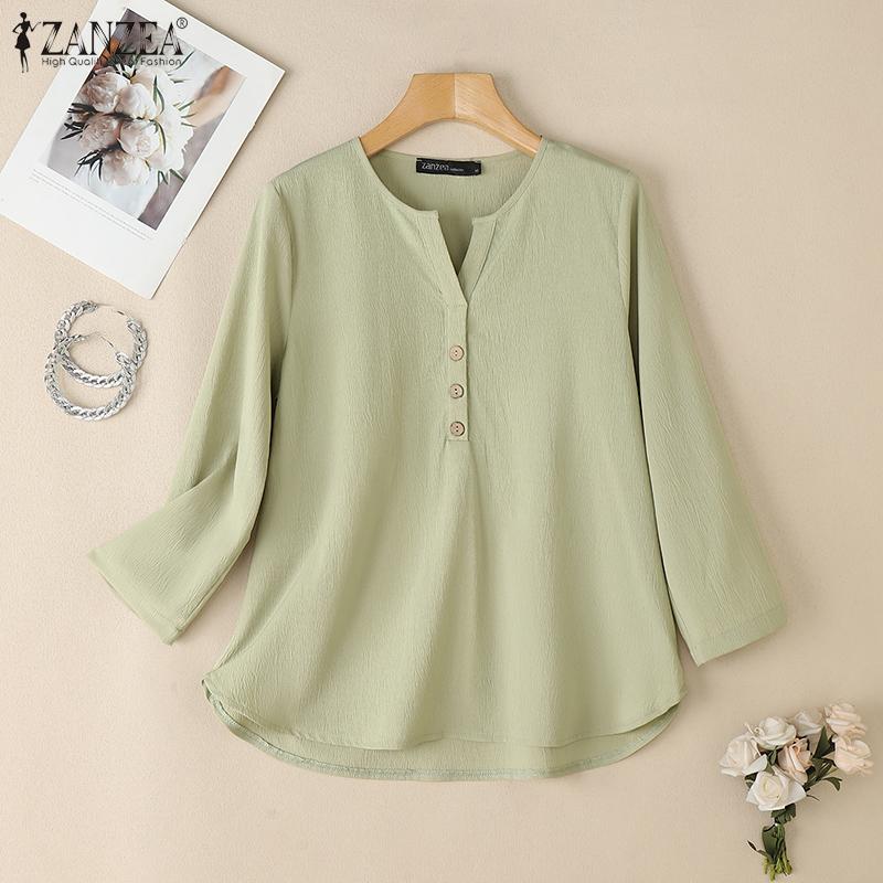 ZANZEA Женская повседневная блузка с V-образным вырезом и рукавом 3/4, свободного кроя, тонкая