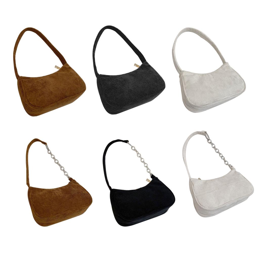 Vintage Messenger Bag Shoulder Bag with Zipper Stripe Corduroy Underarm Bag All-match Handbag for Women Girls Daily Wear