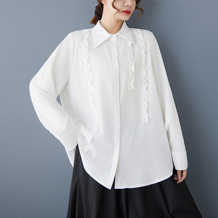 DIMANAF 2025 Большой размер Новая весенняя блузка рубашка Женская с длинным рукавом Базовые модные топы Футболки Свободная Белая Однотонные футболки