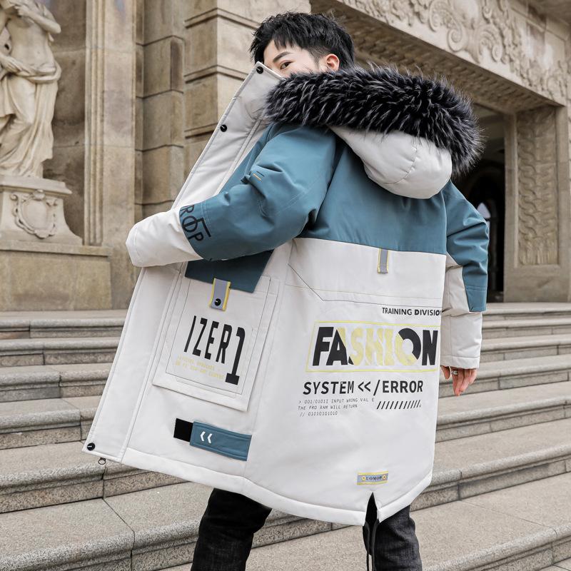 Мужская повседневная зимняя куртка-пуховик средней длины, пальто с капюшоном и воротником из искусственного меха, наполнитель из белого утиного пуха, длинный рукав, застежка-молния