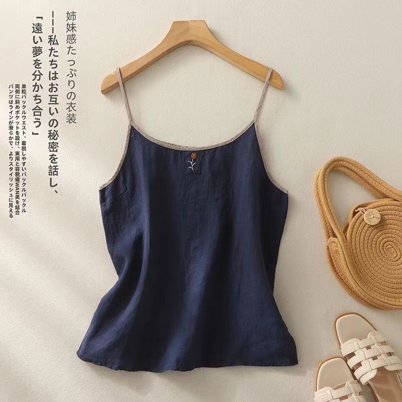 Винтажный вышитый льняной топ-комбинезон для женщин, летний свободный повседневный простой топ без рукавов