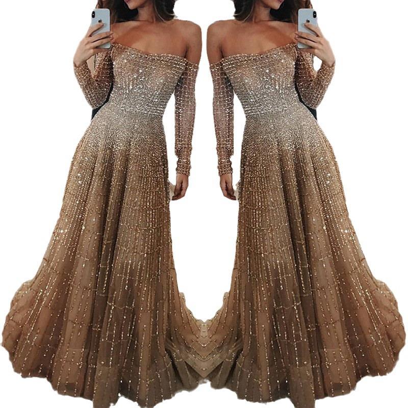 Весна новая европейская и американская женская одежда блестящий топ-труба топ-труба с длинным рукавом платье длинное платье платье