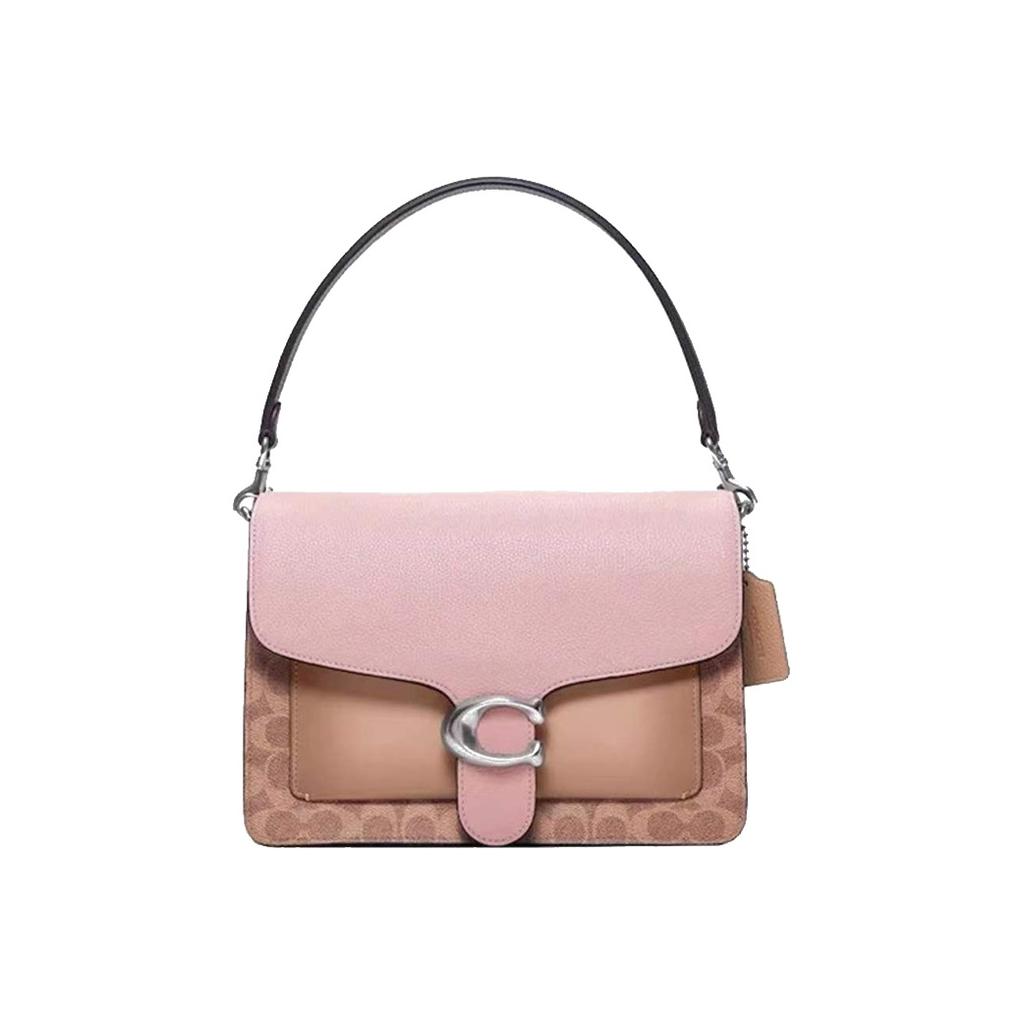 Coach Tabby 28 C Buckle Flap Color Block Monogram Leather Shoulder Crossbody Bag Large Women bags Milk-Tea-Brown Black 4145-LHQ64