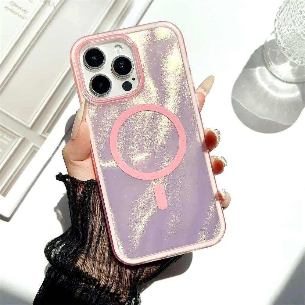 Чехол для телефона Aurora Laser с ослепительным блеском и водной рябью для iPhone 16 Pro Max 14 15 Plus 11 12 13 для магнитной задней крышки Magsafe