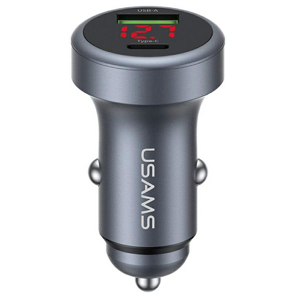 USAMS CC327 C44 USB-A + Type-C Dual Port Car Charger 45W Fast Charging Aluminum Alloy Power Adapter with Voltage Display