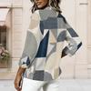 Women Plus Size Round Neck Long Sleeve Geometric Printed Curved Hem Blue Beige Pink Casual Top