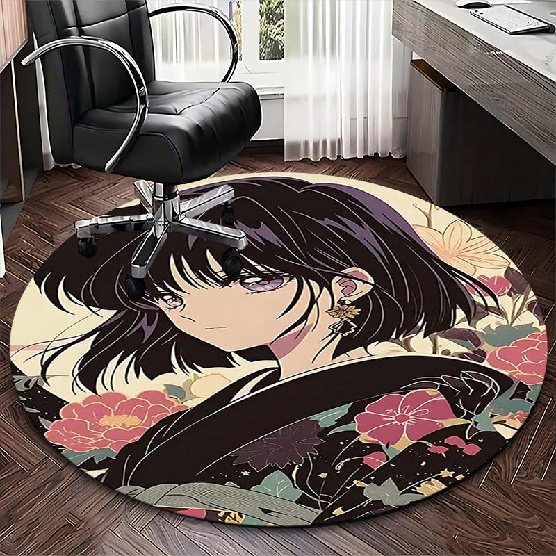 1pc Anime Design Round Carpet Floral Kimono Pattern Chair Mat for Office, Home Decor, Living Room, Bedroom