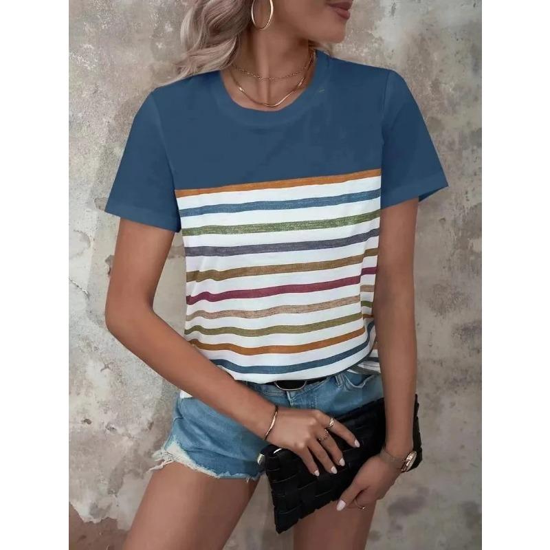Summer Women's 3D Striped Printed T-shirt Top Casual Short Sleeved Round Neck Clothing