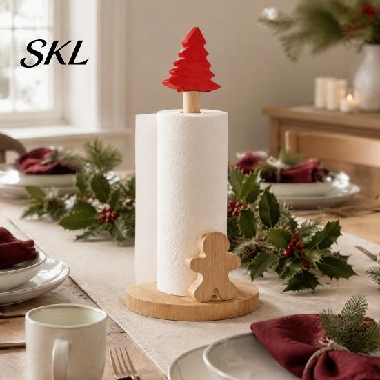Handmade Wooden Holiday Gift Christmas Paper Towel Holder, Snowman And Tree Design, Rustic Decor for Dining Table Decorative Roll Holder Kitchen