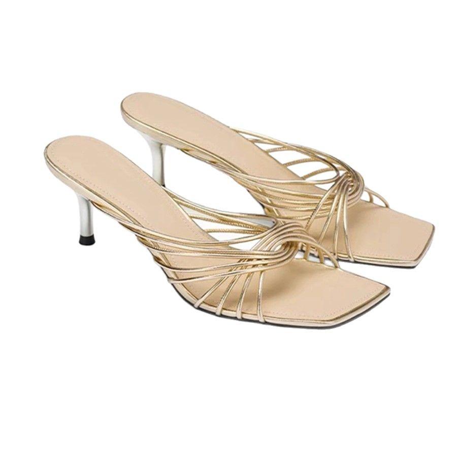 Золотистые классные тапочки женские нишевые премиум-туфли с перекрестными ремешками на высоком каблуке сказочный ветер снаружи красивые французские босоножки на высоком каблуке