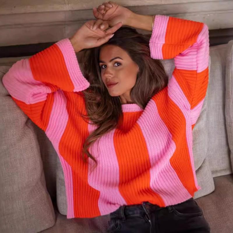 Womens Winter Striped Knit Sweater Loose Fit Round Neck Casual Pullover