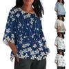 Women Summer Cotton Linen Loose Fit Blouse 3/4 Sleeve Retro Print T-shirt Top