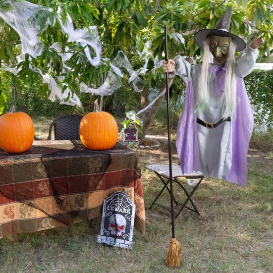 6 FT Halloween Flying Witch Decor Animated Hovering Witch with Scary Sound And Light-up Eyes for Outdoor Garden Yard Lawn Decoration