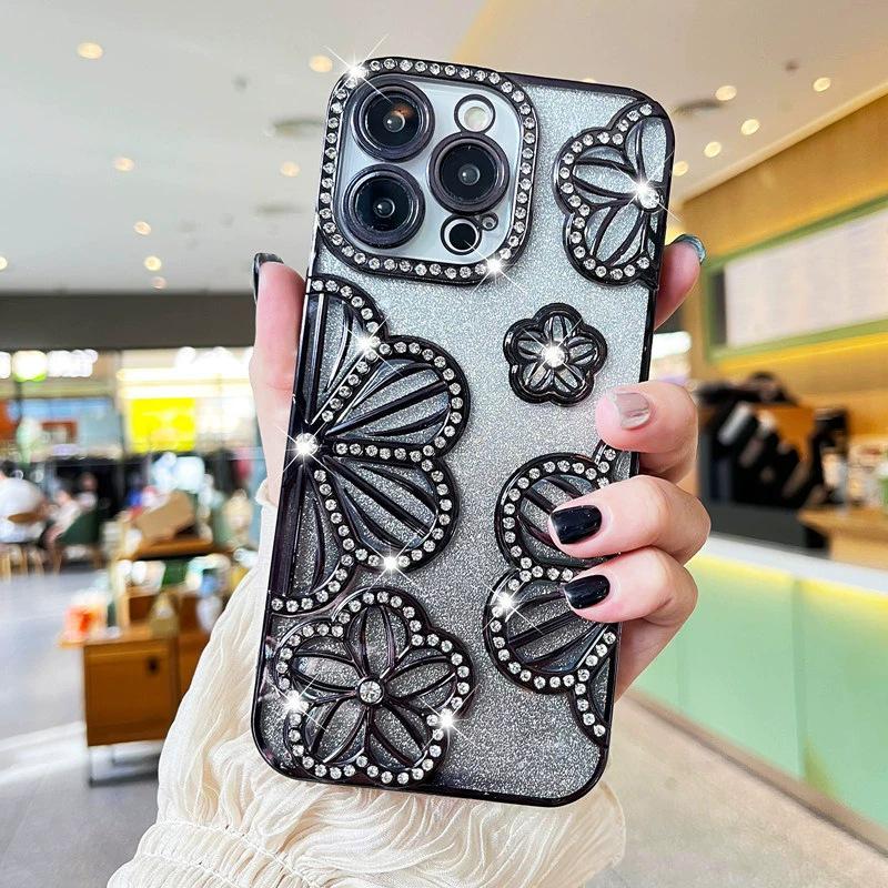 Блестящий градиентный чехол для телефона с цветком из страз для Apple 17 Pro Max - Девичий стиль (Подходит для 11/12/15/16)