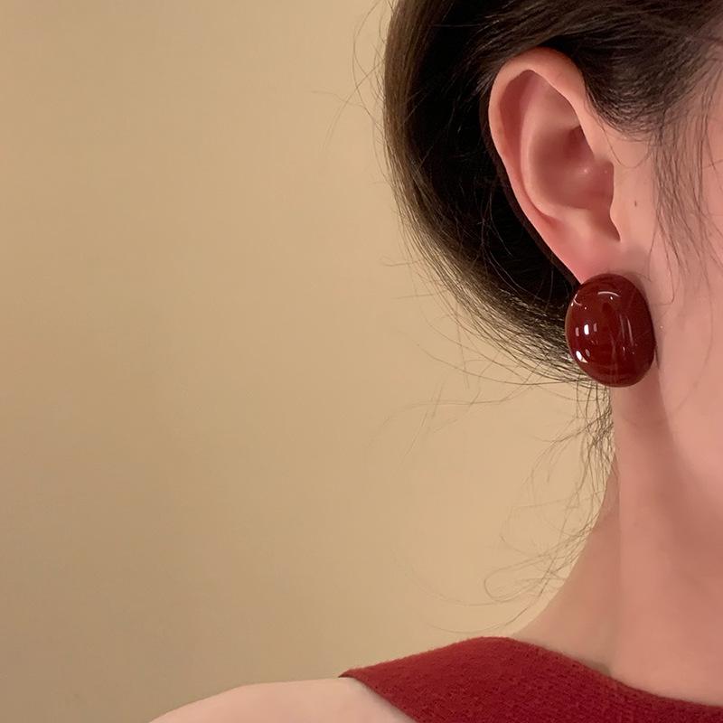 Ankara Red Stud Earrings: Silver Needle Drip Oil, Simple and Versatile Fashion for Women.