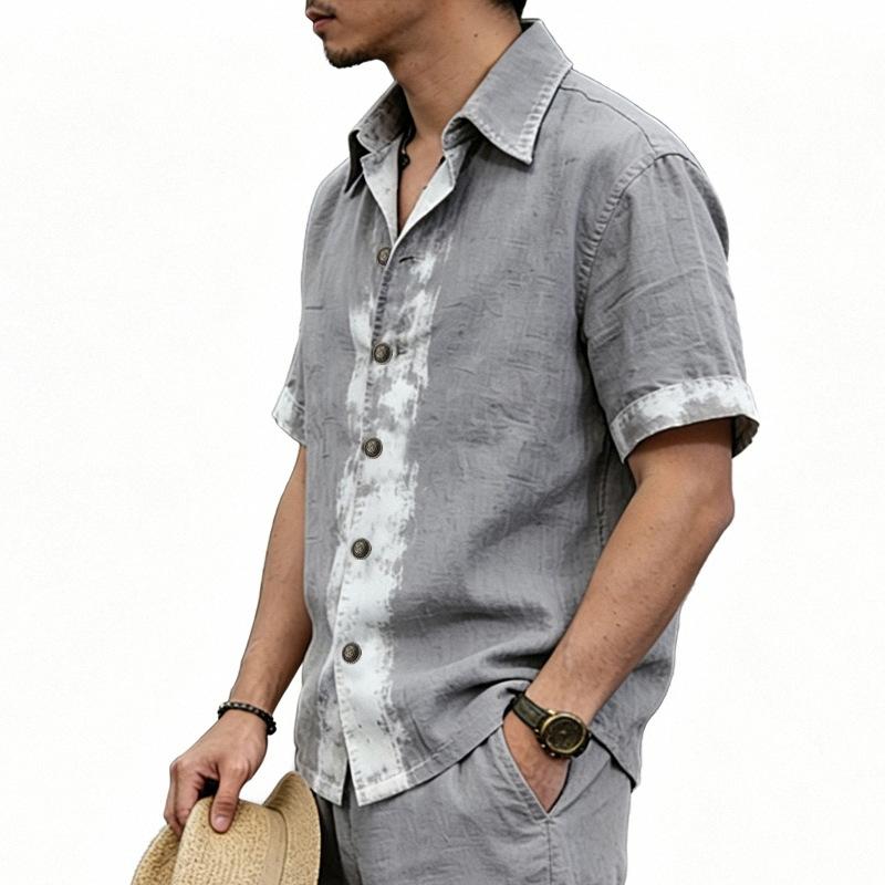 Men Ink Wash Brushstroke Print Lapel Full Button Short Sleeve Casual Shirt