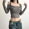 Solid Slash Neck Crop Tops Sexy Off Shoulder Straps Long Sleeve T-Shirts Slim Mesh Tees Y2K Streetwear Women