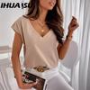 Весна-лето Однотонная футболка с короткими рукавами и V-образным вырезом Простая футболка для женщин