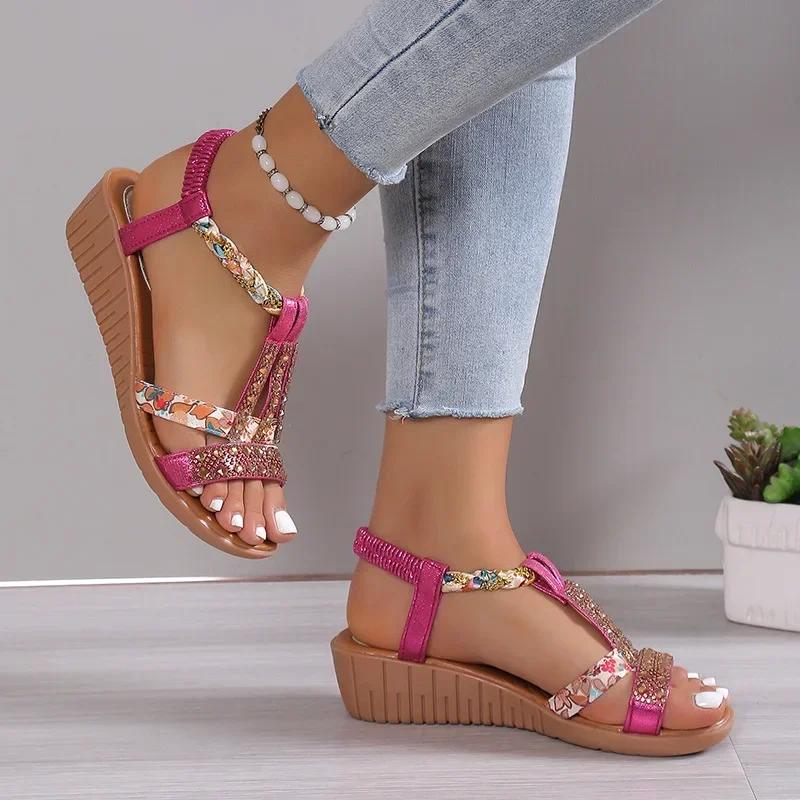 Women Wedge Sandals Summer Bohemia Rhinestones Casual Platform Sandals Female Peep Toe Outdoor Beach Shoes