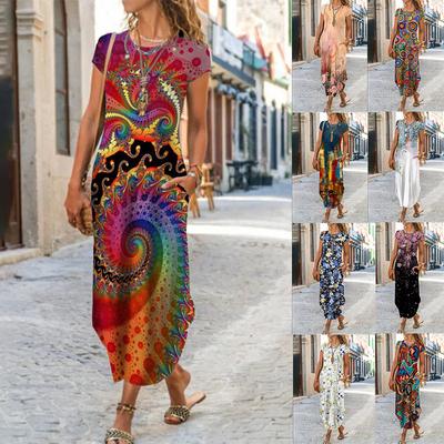 Женское летнее длинное платье с круглым вырезом и коротким рукавом с карманом реглан и цветочным принтом