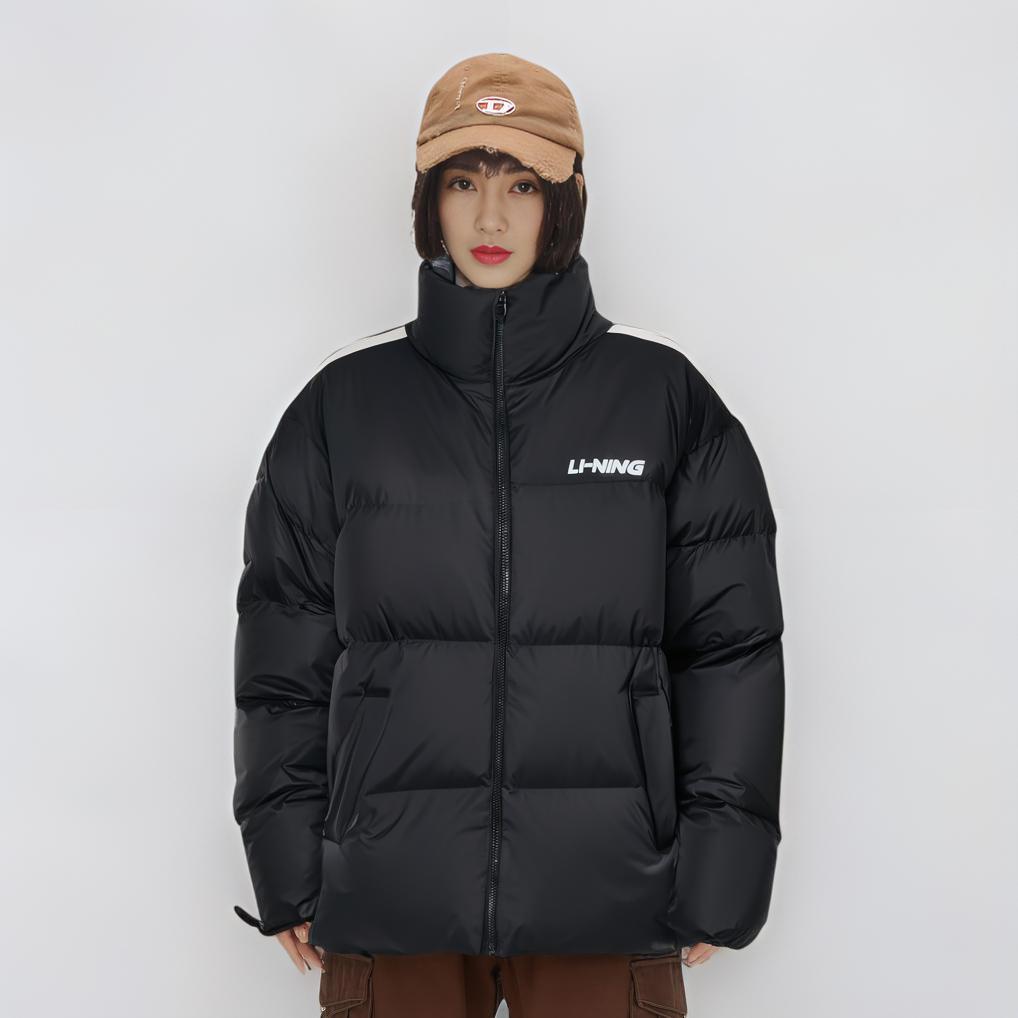 Li Ning Повседневный спортивный пуховик с воротником-стойкой и принтом в виде букв в полоску с длинными рукавами, унисекс, верхняя одежда, черный цвет YYMU161-1