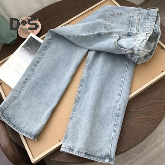 Women Jeans Straight Wide Leg High Waist Solid Color Loose Pockets Button Zipper Closure Retro Floor Length Streetwear Long Trousers