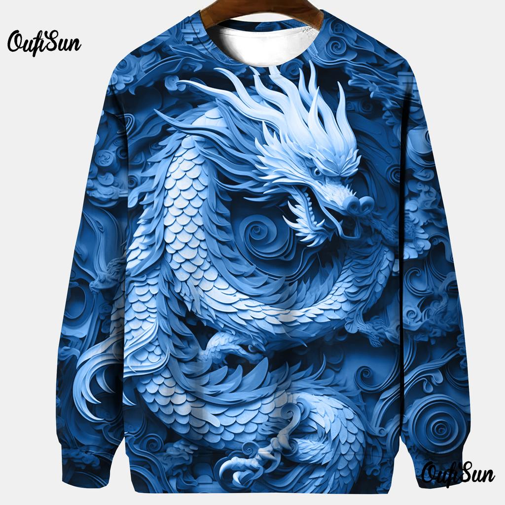 Толстовки с животными для мужчин Толстовка без шапки Футболки с рисунком дракона 3D-печать Мужская одежда больших размеров Топы Толстовка-пуловер