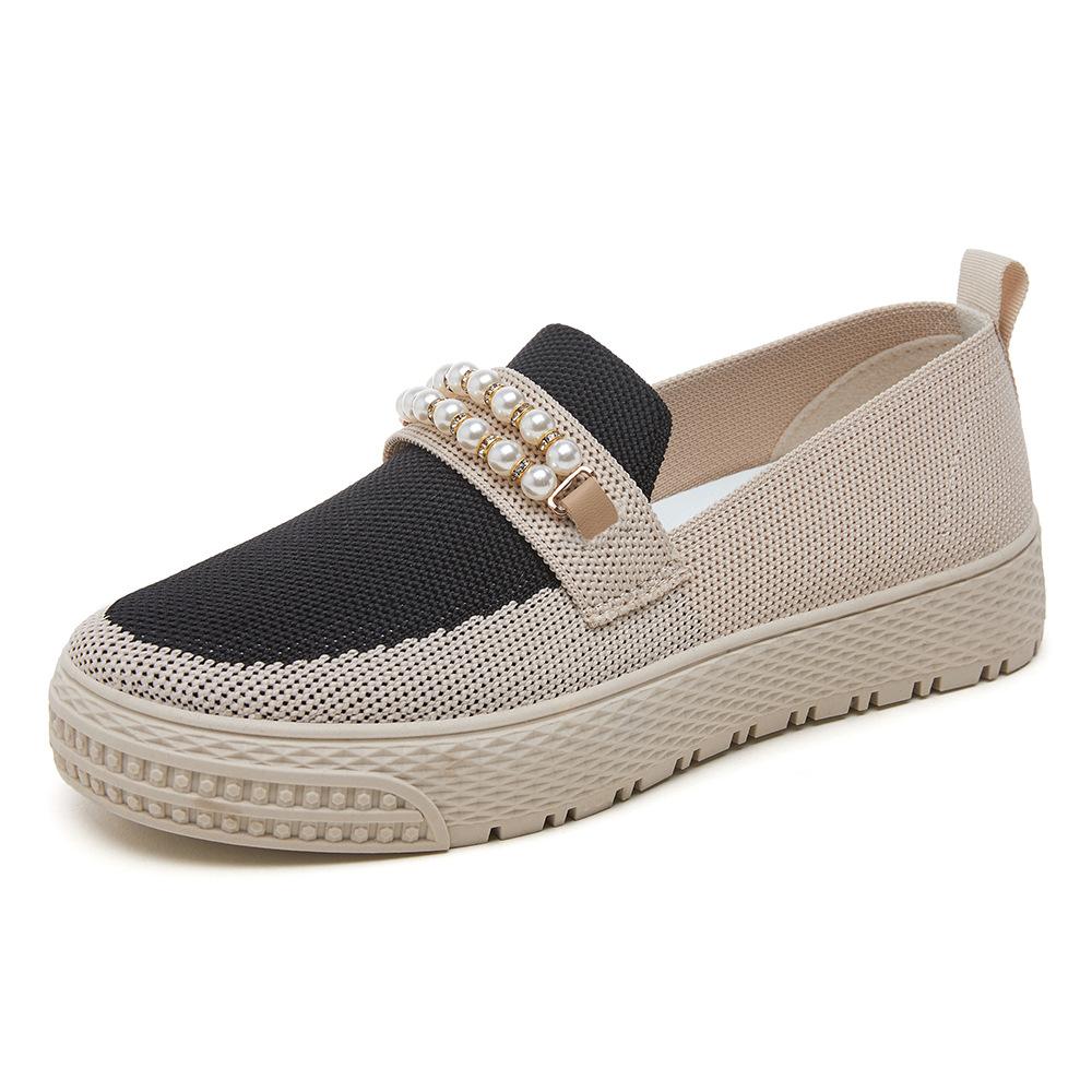 Женские туфли на плоской подошве из дышащей сетки с жемчужной пряжкой-цепочкой Нескользящие прогулочные туфли Повседневные модельные туфли Женские лоферы с круглым носком Удобная обувь на плоской подошве