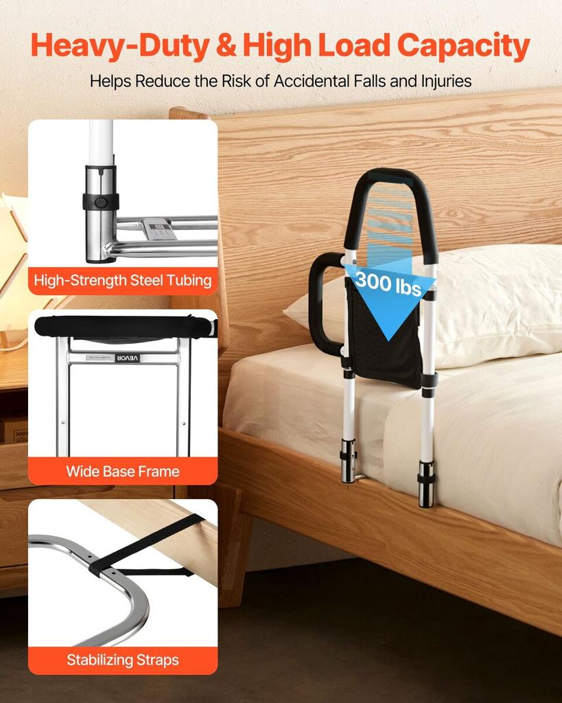 Bed Rail for Elderly, Bedside Assist Rails with Side Handle and PU Handrail, Adjustable Height Carbon Steel Pipe Bedside Cane, Bed Bars for Seniors &