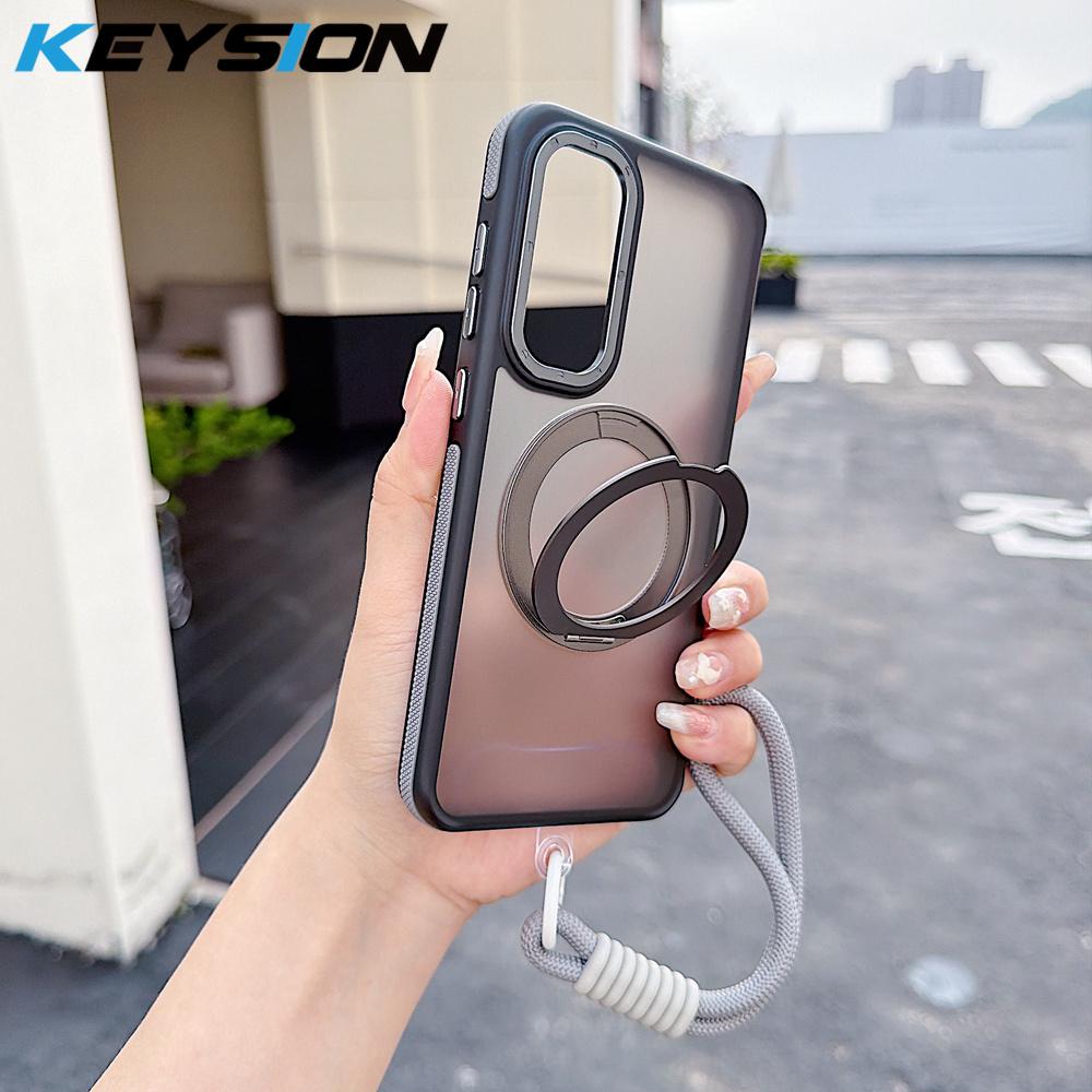 KEYSION Магнитный чехол для телефона с кольцом-подставкой 360° для Samsung Galaxy S23 S24 Ultra 5G S24+FE Матовый полупрозрачный с ремешком Ударопрочный чехол