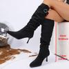 Сексуальные черные длинные сапоги на высоком каблуке с острым носком Женские 2025 Зимние однотонные замшевые сапоги до середины икры Металлическая пряжка ремня Дизайнерская обувь бренда