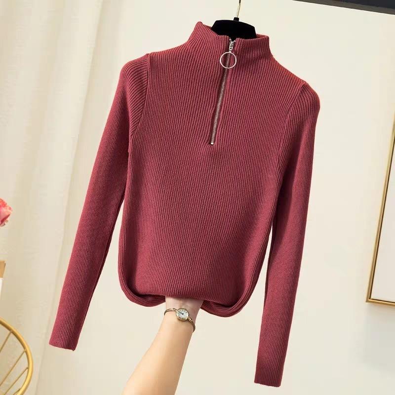 Осенний новый длинный рукав облегающий свитер женский зимний полувысокий воротник на молнии вязаный свитер женский модный базовый теплый трикотажный свитер 24968