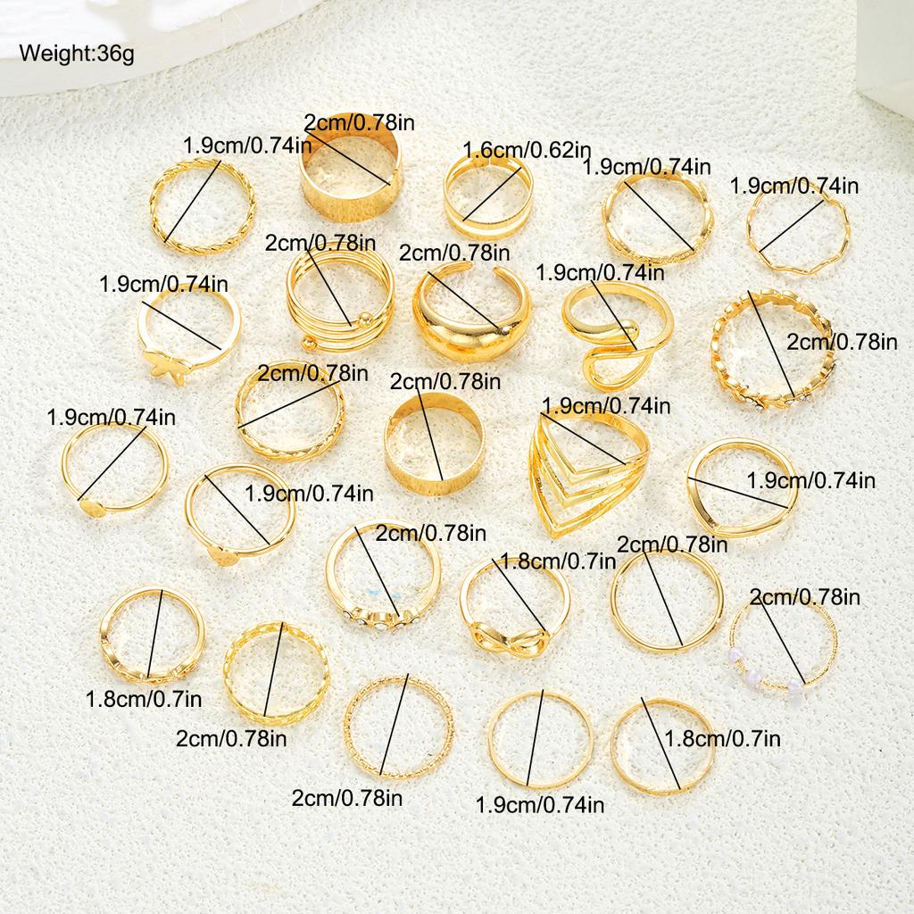 New 25Pcs/Set Vintage Gold Color Butterfly Ring Set Hollow Heart Imitation Pearl Zircon Rings Fashion Finger Jewelry Accessories