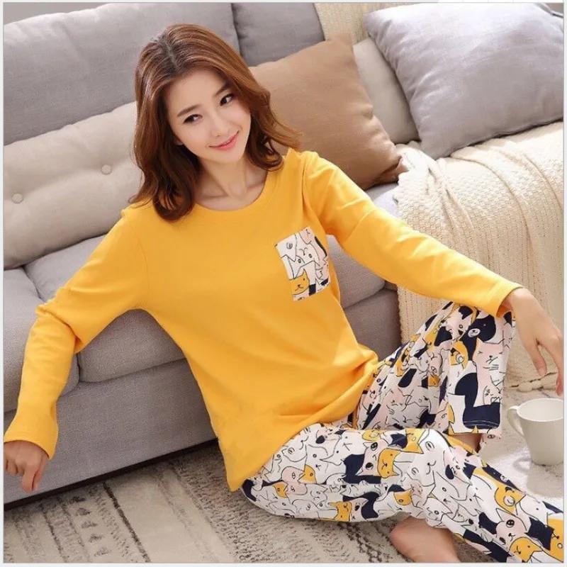 Комплект пижамы для женщин большого размера Весна и Осень Холодное время года Пижама для девочек Мультяшная Повседневные брюки С длинным рукавом Одежда для дома Пижама Женская