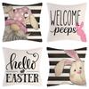4 Pieces Easter Pillow Case Bunnies With Eggs Canvas Pillow Cover, Spring Season's Linen Sofa Bed Throw Cushion Cover Decoration