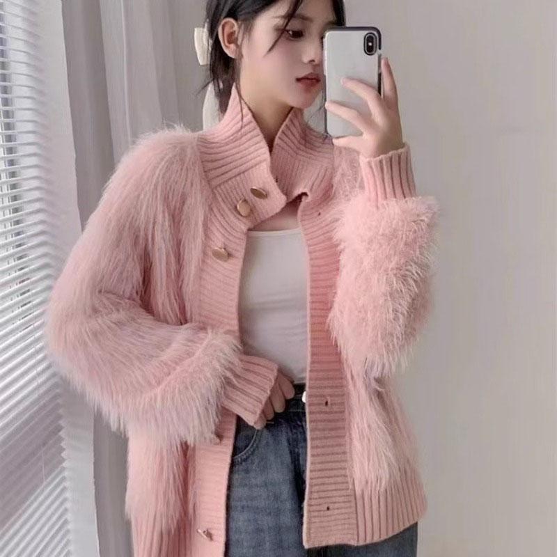 Бархатный свитер с высоким воротником из искусственной норки, маленький ароматный высококачественный темпераментный вязаный кардиган свободного кроя с мехом, женский