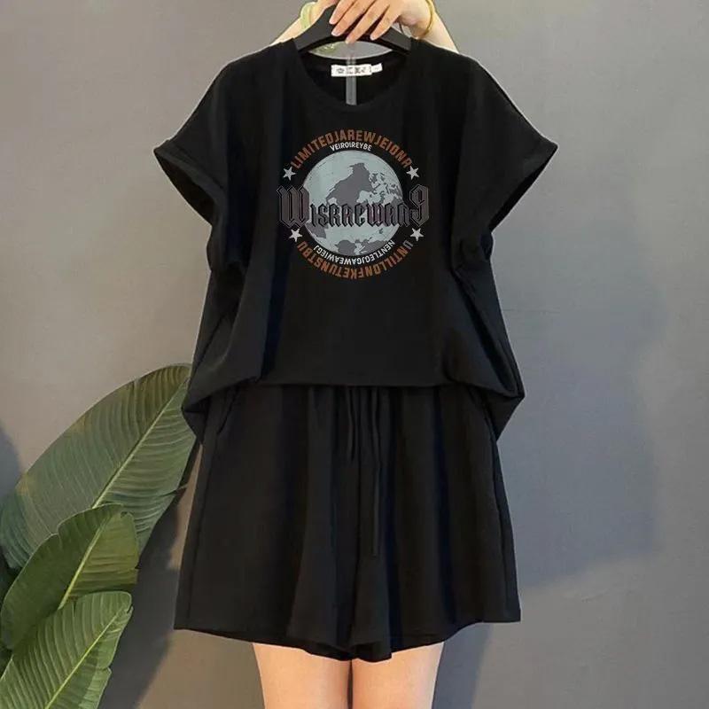 Костюм женский большого размера хлопковая футболка с капюшоном брюки из двух частей удобный топ с короткими рукавами и длинные брюки костюм из 2 предметов