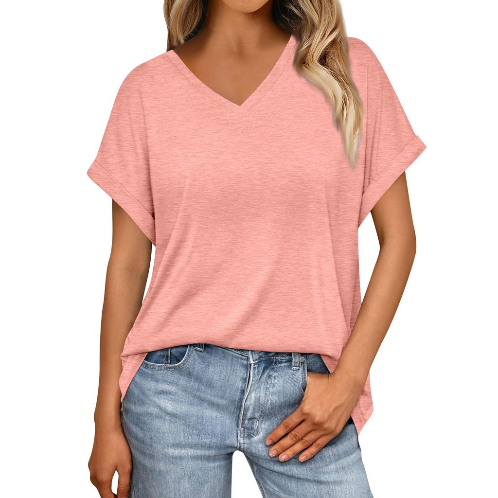 Women's Summer Fashion Solid Color V-Neck Loose Short Sleeve T-Shirt Top